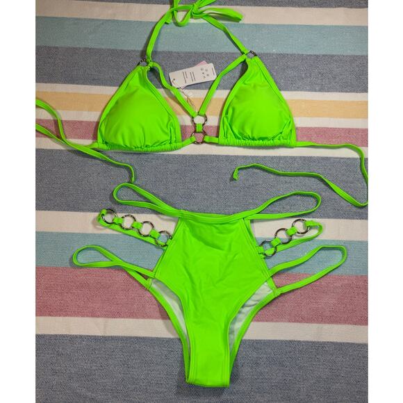 NWT Neon Green Ring Bikini Set | Strappy Cut-Out Triangle Top | Size XL - Picture 1 of 10